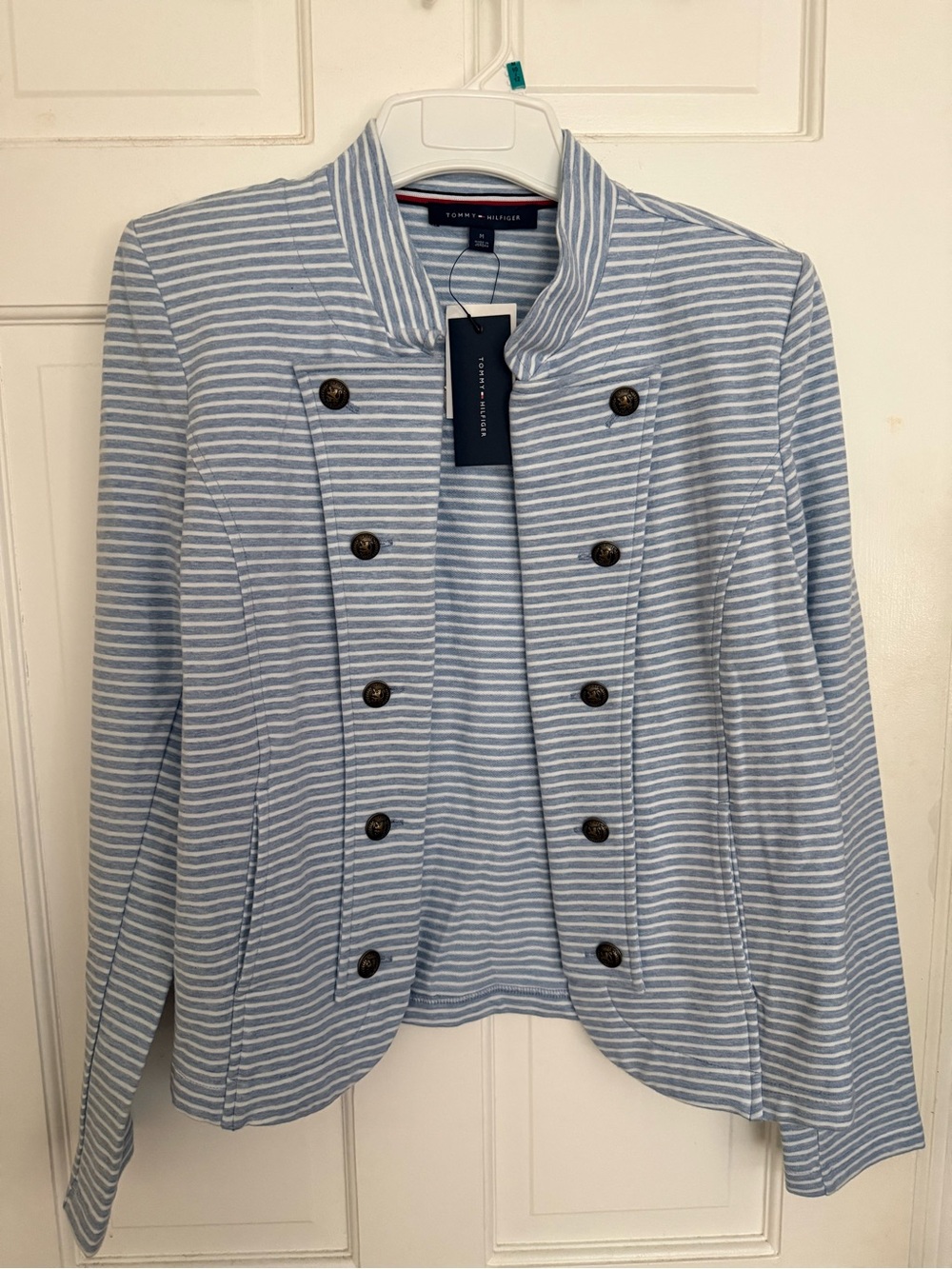 Tommy Hilfiger Light Blue and White Striped Double-Breasted Blazer